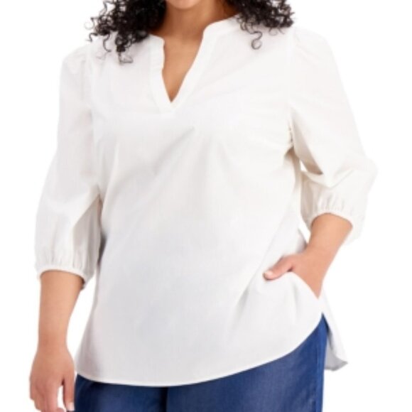 NWT - Bar III Plus Size 3/4-Sleeve Split Neckline White Top - Size 1X - Picture 2 of 6